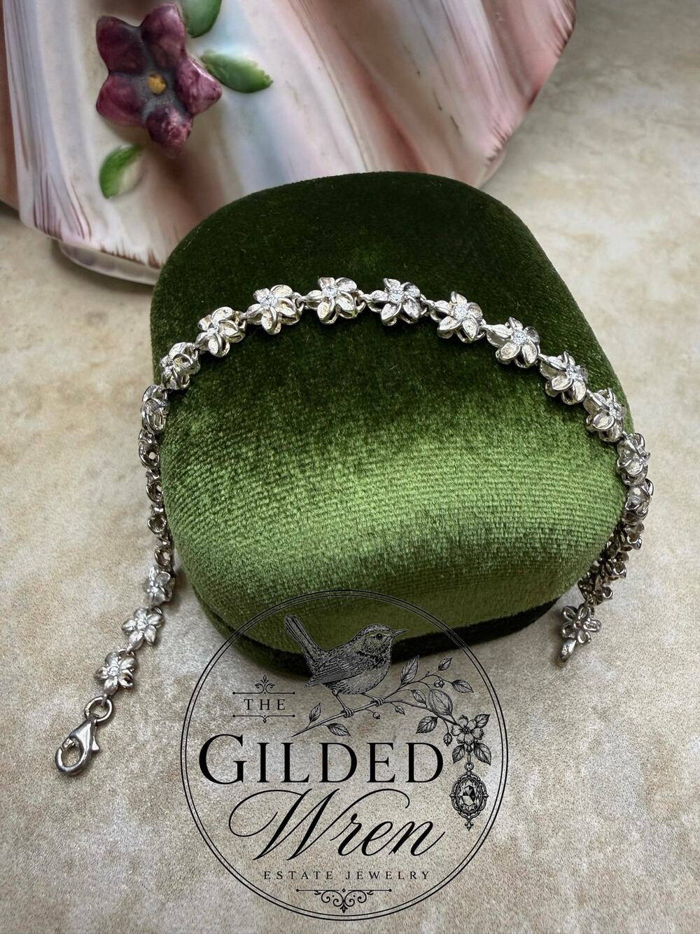 Vintage 925 Sterling Silver Hawaiian Plumeria Flower Bracelet Simulated Stone